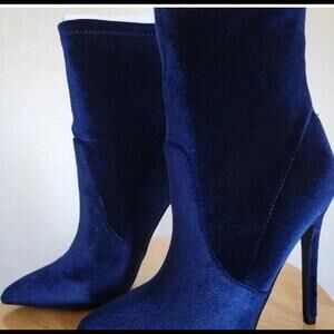 😎💙Shoe Dazzle Pointed Toe Heel Boot  Sz 5 1/2 Blue   Velvet Gold Zipper NWOB